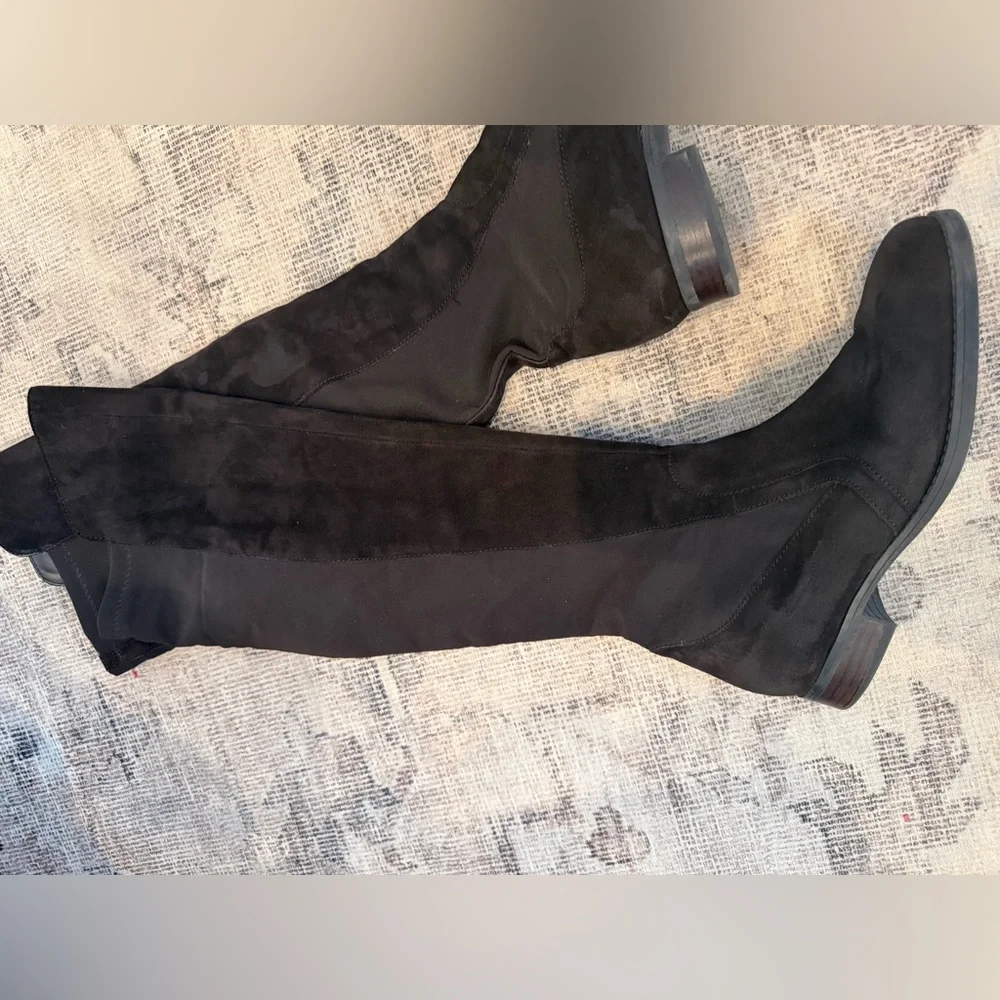 AUDREY BROOKE TAMELA OTK BOOTS 7.5 DARK BROWN SUEDE AND STRETCH 50/50 ($179)